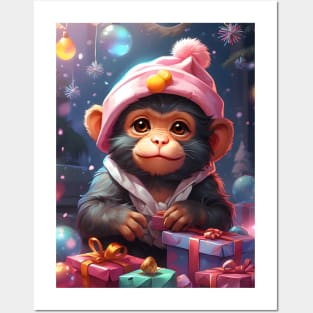 Christmas Monkey with Presents Posters and Art